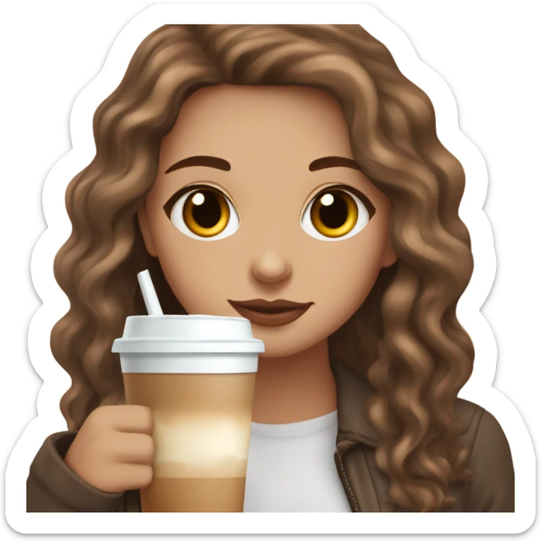aesthetic white girl with brown wavy hair and brown eyes sipping an iced americano in a cute coffee shop  sticker