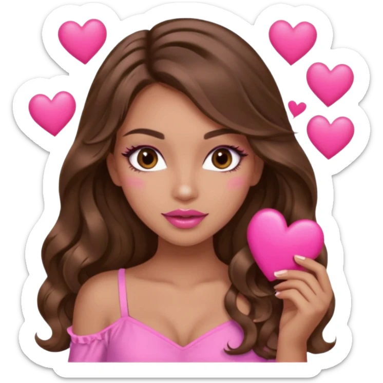 girl with long wavy brown hair, brown eyes, long lashes makeup, sexy pink lips, light to medium complexion, wearing a pink sexy top, many  hearts in hand sticker