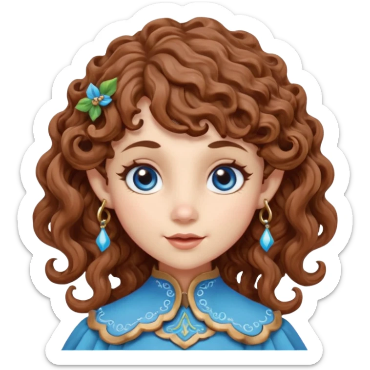 Kind Girl toymaker wood carving elf. Blue eyes. brown (just below chin length) wavy curly hair & bangs. Whimsical playful  sticker
