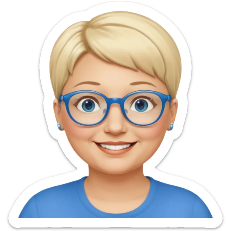 woman 50 years old, very short blonde hair, blue eyes and blue round glasses smile and overweight sticker