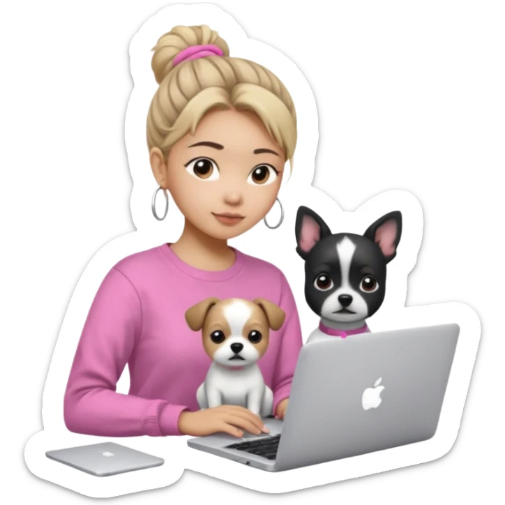 Asian girl with messy bun hair, wearing a white t-shirt, working on an Apple laptop, next to her is a small black and white dog in pink sweater sticker