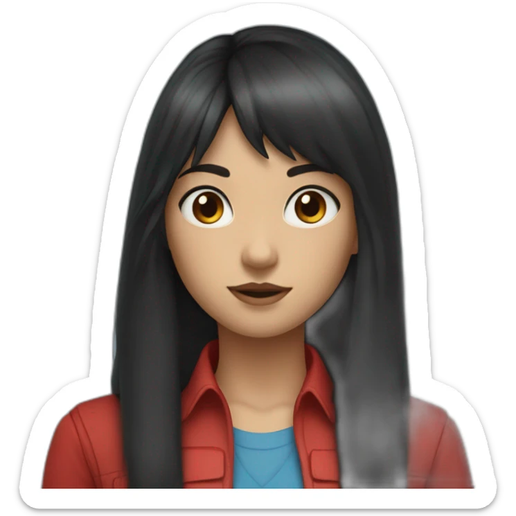 girl with long black hair, thick bangs, blue eyes, red vest and shirt sticker