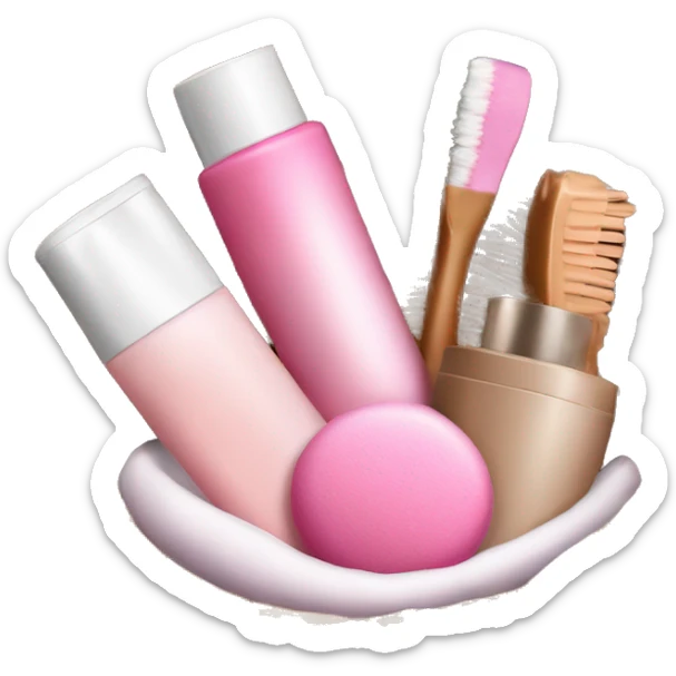 little brown basket with pink and white beauty products inside like shampoos and make up sticker