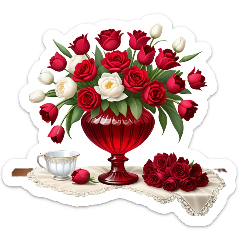 "A romantic still life of a crystal-clear red glass vase brimming with a lavish mix of scarlet roses, tulips, peonies, and silk-like pansies, with pearl-hued ribbons cascading gracefully over a vintage wooden table."
 sticker