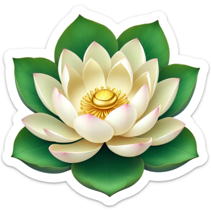 Lotus flower in full bloom with white petals and golden center, round green leaf sticker
