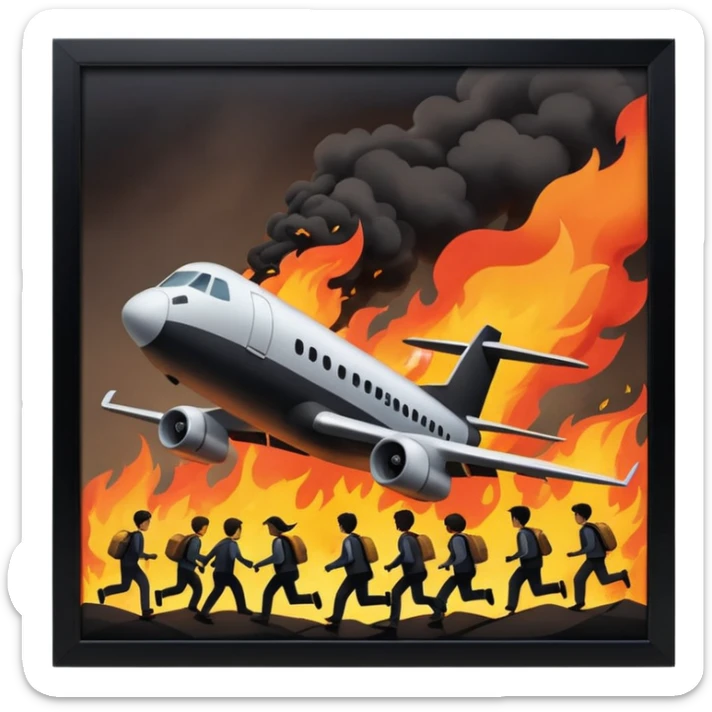 a plane crash in the middle of the night with fire and people running away sticker