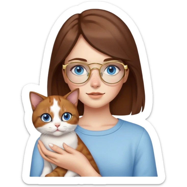 White girl with blue eyes, brown hair, freckles, and gold glasses, holding a small calico cat sticker