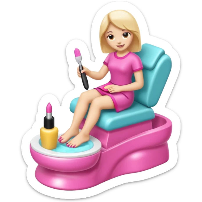 3D isometric emoji of a foot getting a pedicure, hand holding a nail polish brush, soft glossy texture sticker