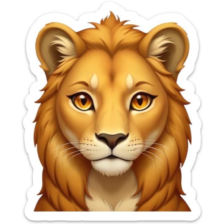 Cinematic Noble Lioness Portrait Emoji, Poised and regal, with a graceful, athletic build and a sleek, tawny Fur, piercing soulful amber eyes, Simplified yet sharp and sophisticated features, highly detailed, glowing with a warm, dignified glow, high shine, intelligent and fierce, stylized with an air of wild elegance, focused and attentive, soft glowing outline, capturing the essence of a watchful and confident lioness, so majestic it feels as though it could silently prowl out of the screen with effortless authority! sticker