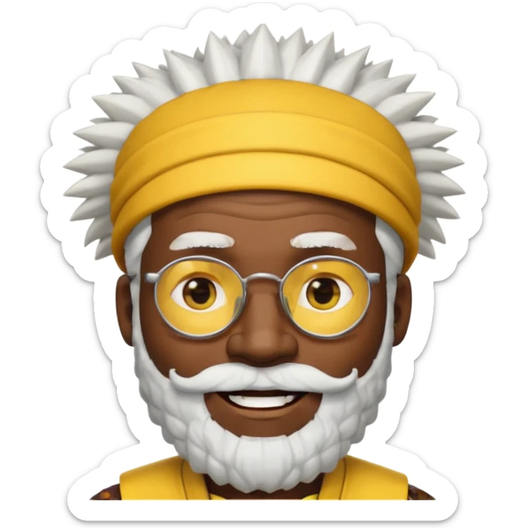 50 year old man, spiky hair, winking one eye, smiling brightly, black skin, raised eyebrows, wearing glasses, white hair and beard, wearing a yellow hat like a tribal chief, emoji style, style 1 sticker