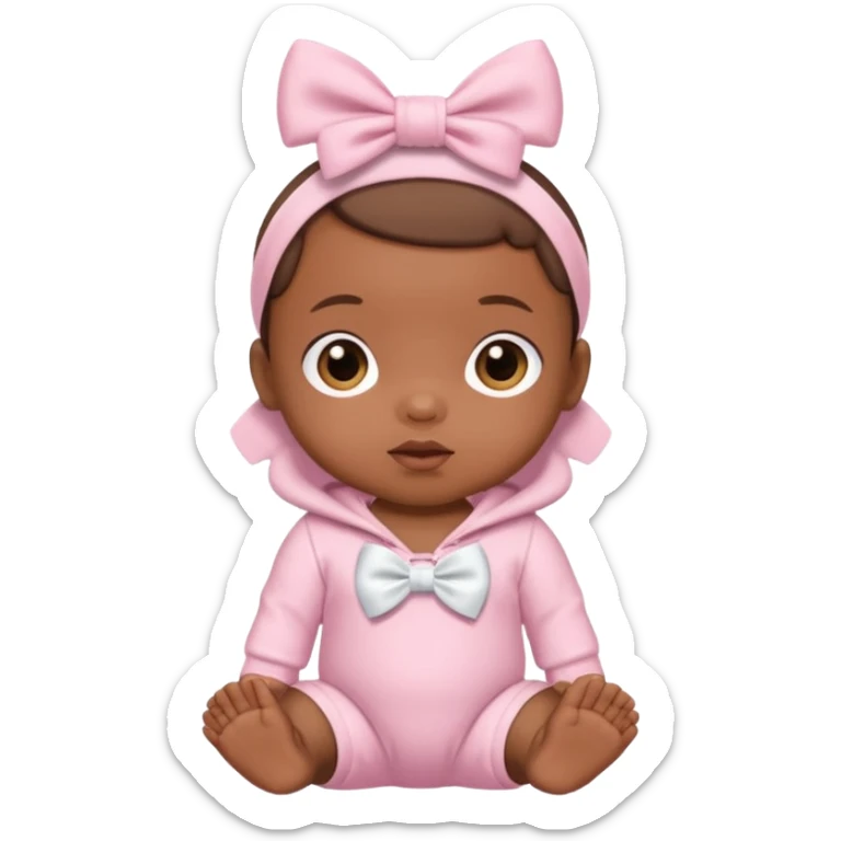 Brown skin baby with satin baby pink onesie and white bow sticker