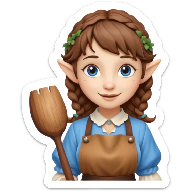 Kind happy whimsical quirky Girl toymaker, wood carving elf. Woodland creator. Blue eyes. brown hair (just below chin length) wavy hair & bangs. Whimsical playful cute sticker
