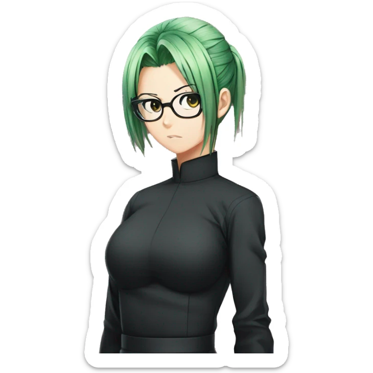 Maki zenin from jujutsu kaisen, Green hair tied one pony tail, visible glasses, serious face, wear black leggings, Jujutsu kaisen women uniform sticker