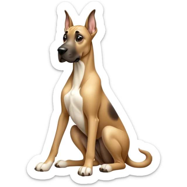 cinematic-[fawn great dane]-realistic-full-body-sitting-emoji,-tail-resting-loosely-beside-its-paws,-head-tilted-dramatically,-sleek-[fawn]-fur,-simplified-yet-realistic-focused-features,-highly-detailed,-glowing-with-an-almost-sarcastic-glow sticker