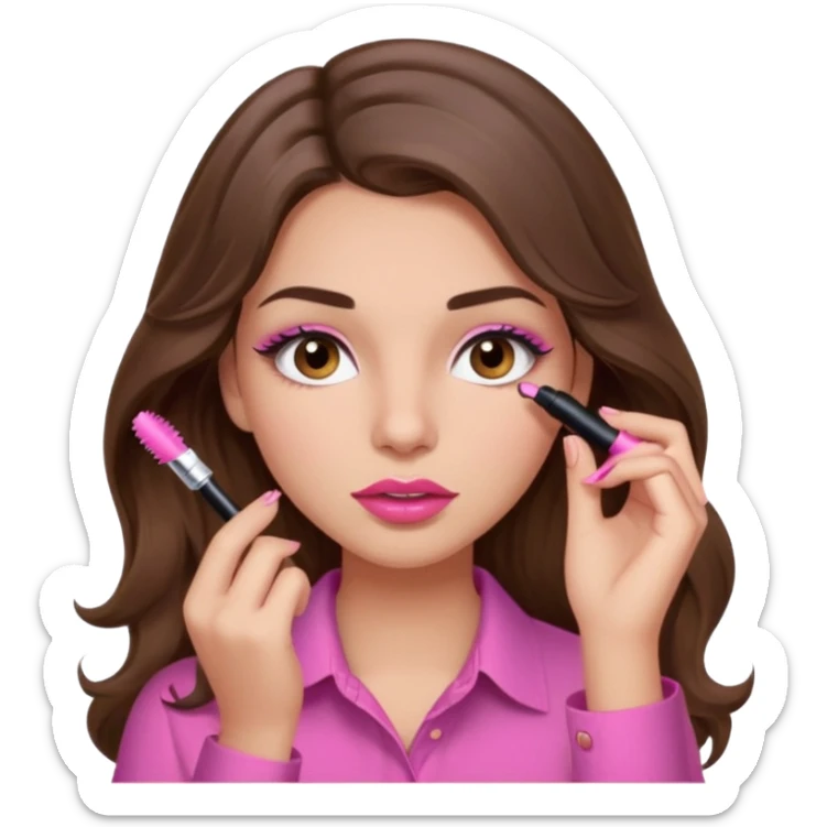 girl with long wavy brown hair, brown eyes, light to medium complexion, in a pink shirt, pink lips, long lashes, puckered lips, putting on mascara sticker