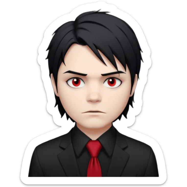 🎨 Classic Emoji — Gerard Way (Revenge Era)
Round, simplified emoji style
Pale skin tone
Jet-black, shoulder-length hair messy and emo
Heavy eyeliner and slight red shadow under the eyes
Subtle serious / melancholic expression
Hint of red tie visible on black button up shirt.
Transparent background sticker