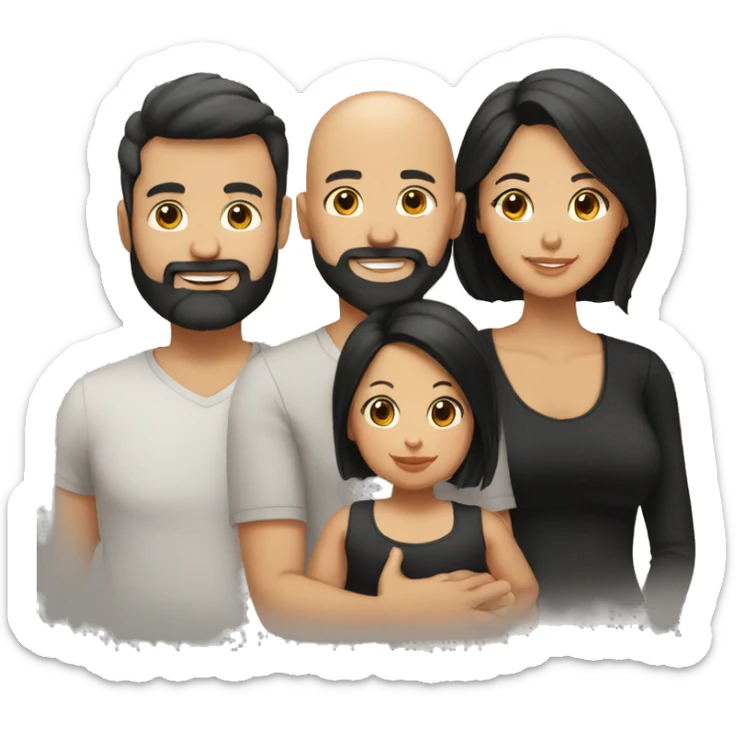 Family, bald tan dad with black beard, pale mom with long straight black hair, tan infant baby girl with black hair sticker