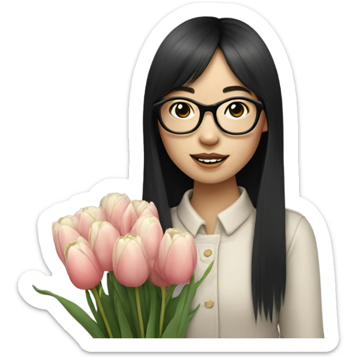 asian pale skin girl with long black shaking hair and bangs and glasses holding tulips sticker