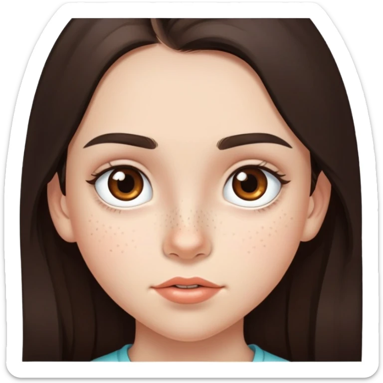A 12-year-old girl with very long dark brown hair, light brown eyes, thick eyebrows, slightly big lips, a small freckle on her cheek and another small freckle under her eye sticker