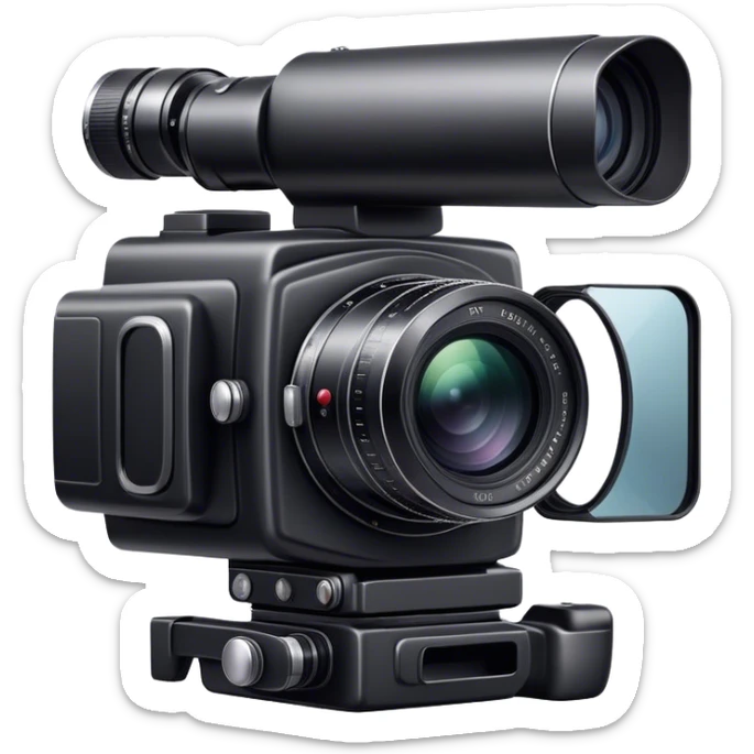 Black professional photo camera, large lens, clear photo shot in the background, sleek design, minimalistic, on a white background, no extra details. sticker