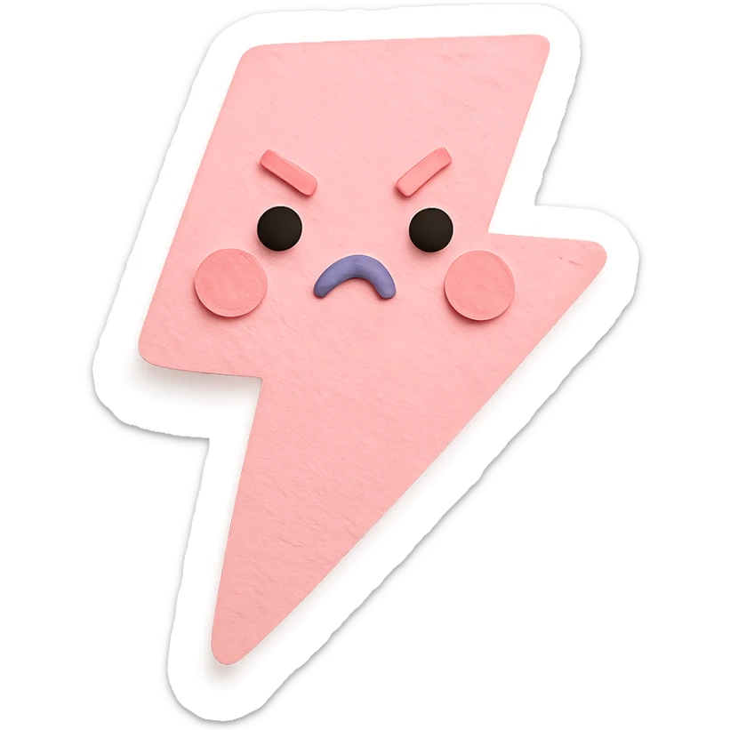 kawaii pink lightning bolt, cute angry pout, soft pastel colors, no limbs, full body, paper craft style sticker