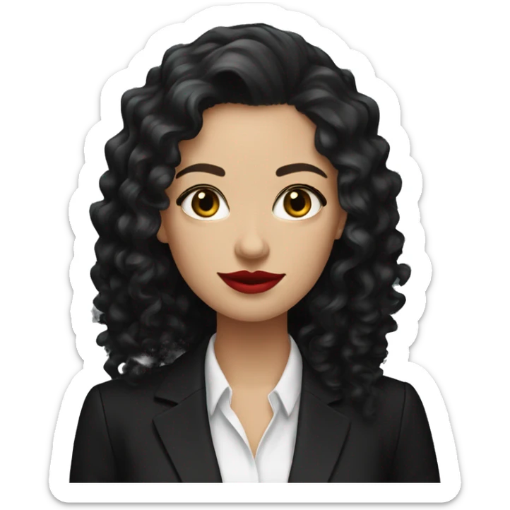 corporate white woman, red lipstick, long black curly hair, black shirt, black blazer  sticker
