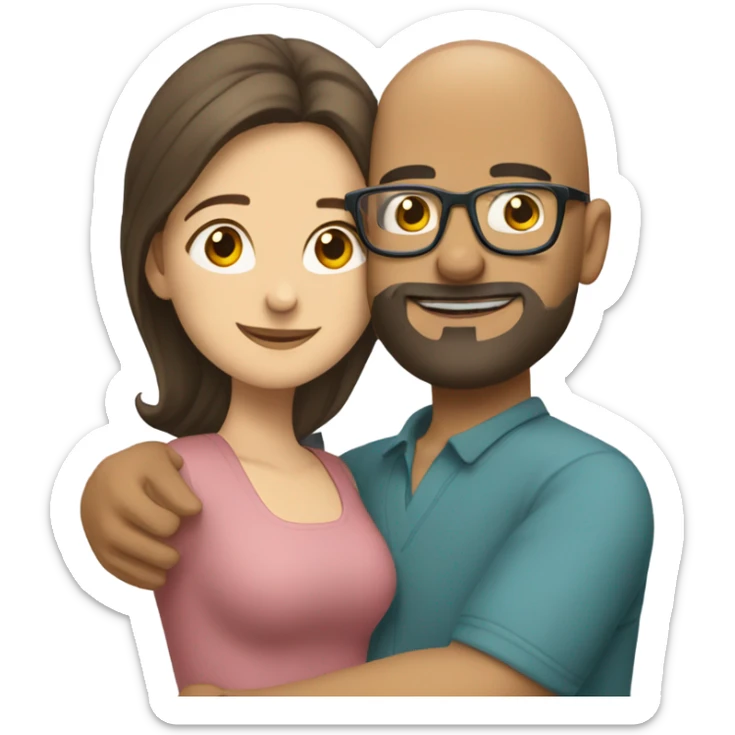 Bald Hispanic man with beard and glasses and white brunette girl with long hair hugging sticker