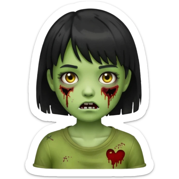emoji, garota zumbi, estilo iphone, verde, com cabelo curto, preto, com franja, machucados pelo rosto, zumbi, com olhos brancos sticker