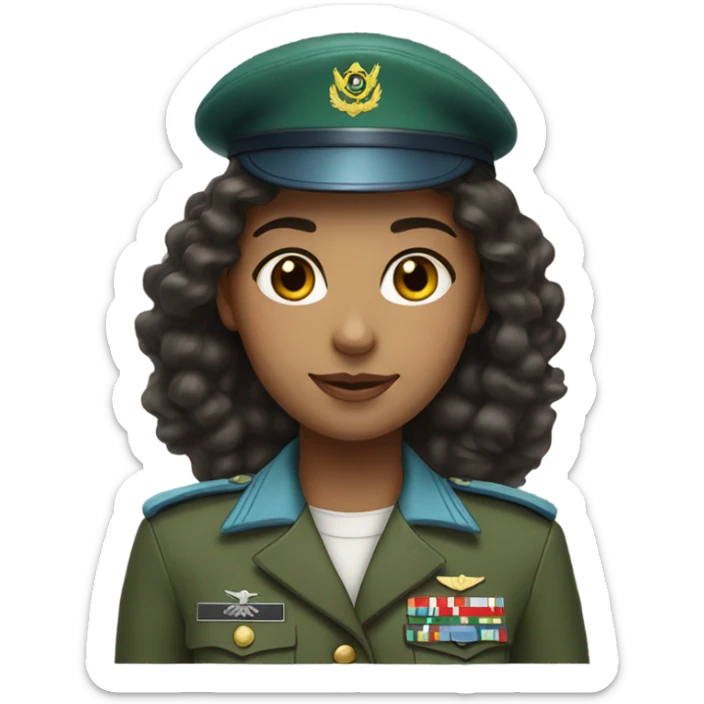 A girl with long curly dark hair wearing a green military uniform and a light blue beret on her head sticker