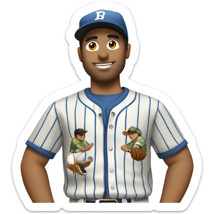 Man with brown hair in a Hawaiian shirt negotiates with a Latino baseball player wearing pinstripes  sticker