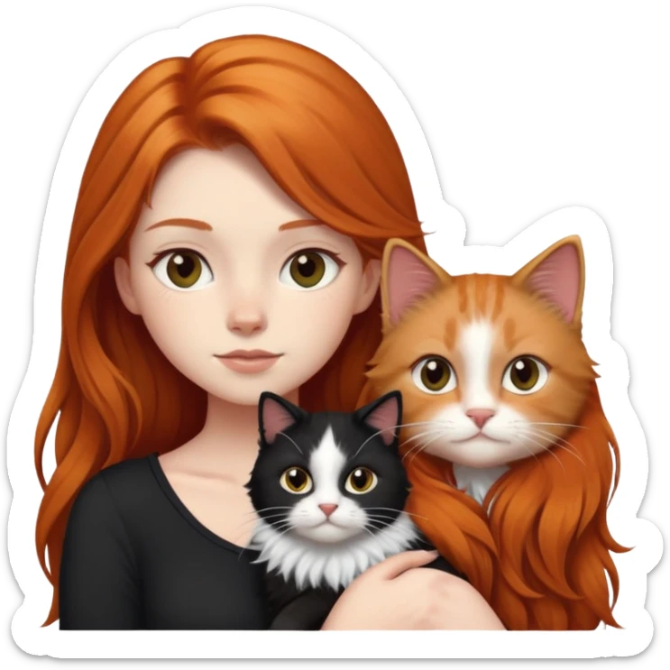 A girl with long ginger hair and a black and white fluffy cat on her right shoulder sticker