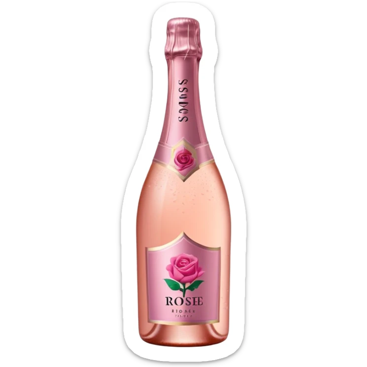 bottle of sparkling rosé with a rose logo on the label, tilted to the left, no glass sticker