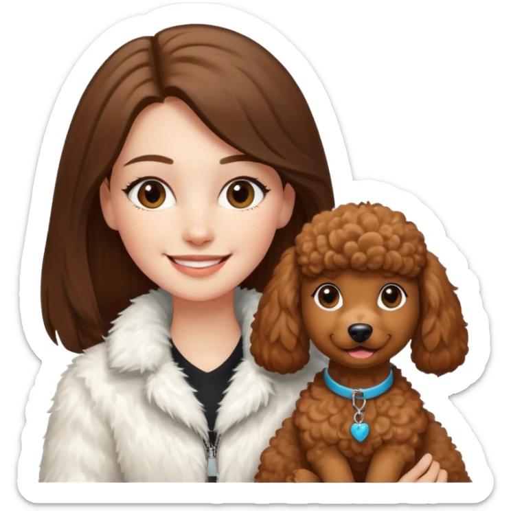 A white girl smiles a broad smile. She parts a long straight brown hair in middle. and she wears a white fur jacket. She also holds one brown poodle. sticker