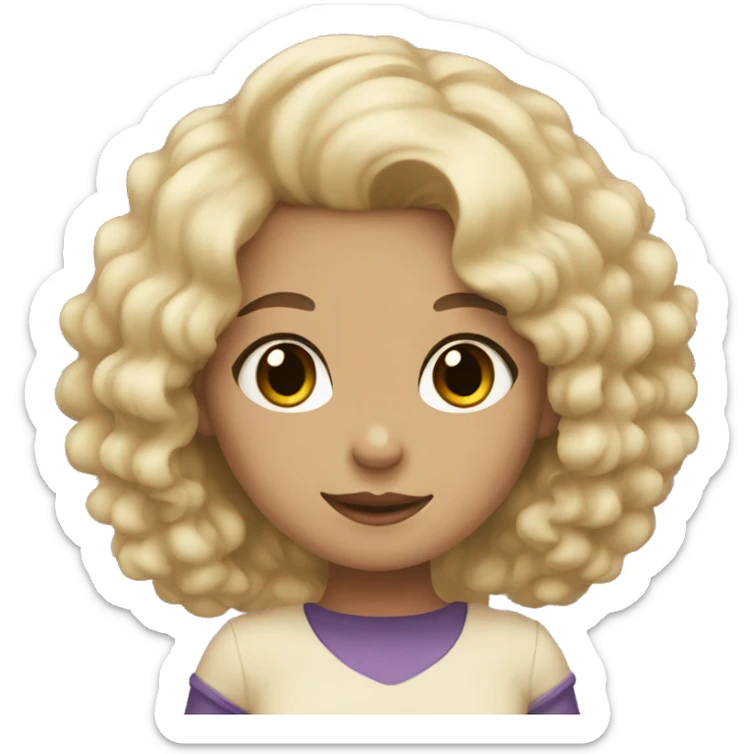 a girl with fair skin and curly black hair. She has a black cat  sticker