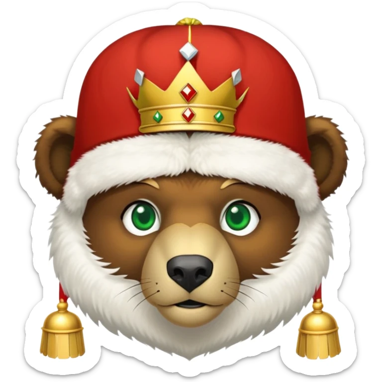 Brown bear head only with green eyes, white furry ushanka hat with accurate Russian Federation emblem featuring golden eagle, three crowns, scepter, orb, and red shield with St. George, iOS emoji style sticker