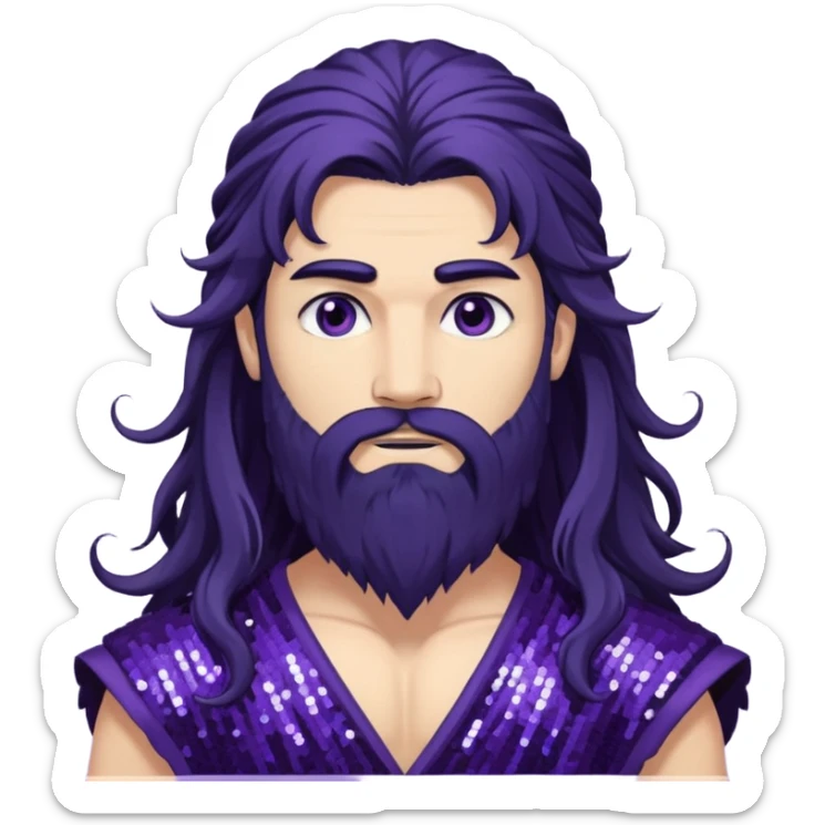 Boreas, God of North Wind from Gods and Goddesses with long black shaggy hair and beard, dark purple sequin outfit sticker