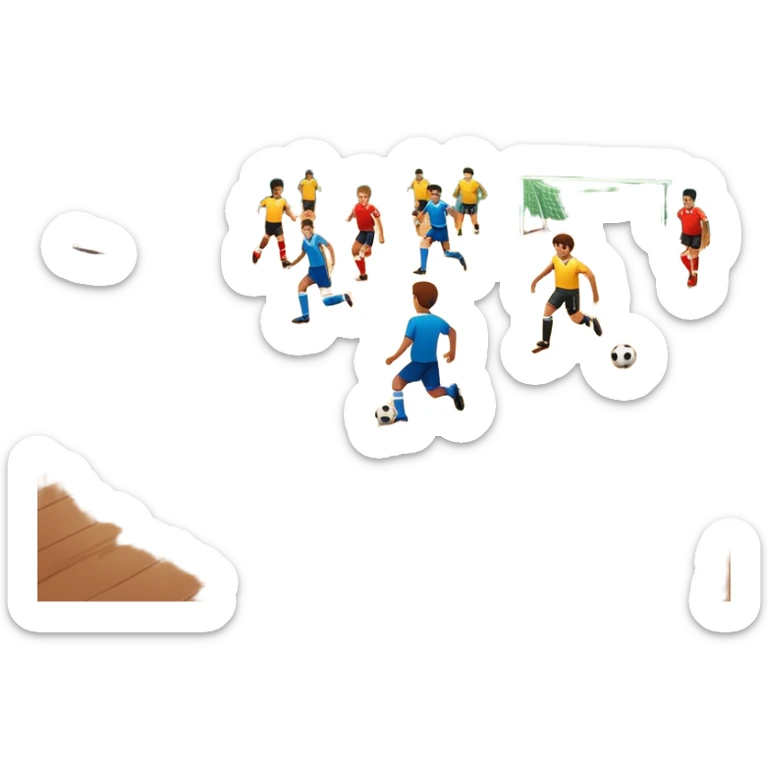 A mini-football match in an indoor sports hall with wooden flooring and clear field markings. The scene shows a vibrant game in action, with players positioned on the court, the goalposts visible, and the atmosphere filled with energy and focus. sticker