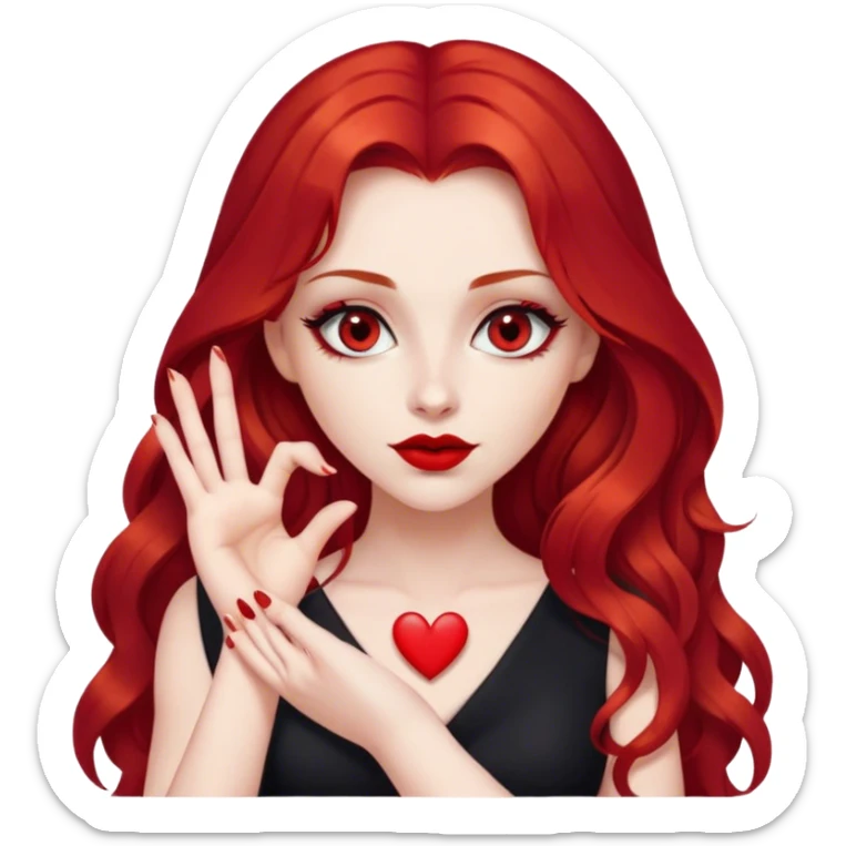 a pretty woman with long red hair and red eyes. The woman wear a black little cutted dress. She have red lipstick and she have a seductive look. She do a heart shape with her fingers sticker