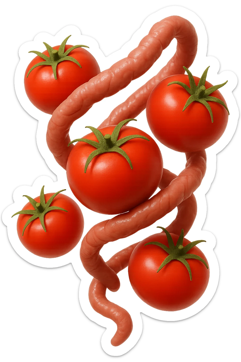 emoji stile iphone di pomodori che fluttuano in aria con colon attorcigliato intorno, iperrealistico 4k, isolato su sfondo bianco sticker