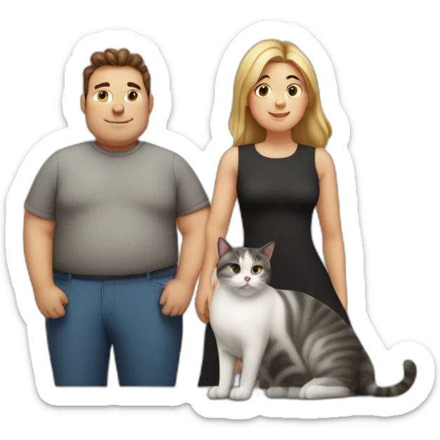 Family photo a fat husband and a woman and them two cats one white and second is black sticker