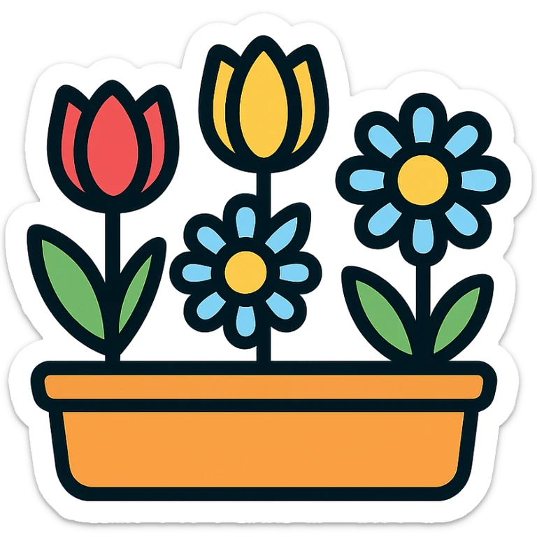 flower bed with a mix of tulips and daisies, simple and clear, color outline icon style sticker