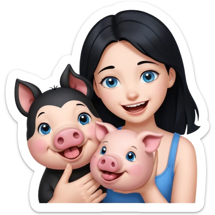  girl with blue eyes and black hair laughing at her pig trying to kiss her  sticker