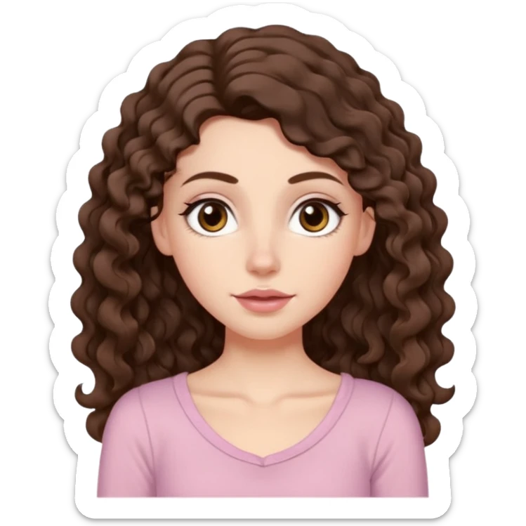 Aesthetic white girl with really long wavy/curly hair color dark brown, hair most be in front of the shoulders (hair in front of the shoulders). Big almond shape eyes color brown, small wide nose, natural lips, sweet expression. Dressed with a cute tight top color light pink. sticker