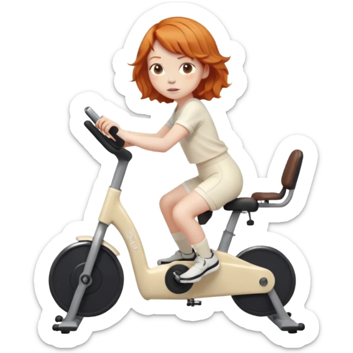 Ginger girl tousled french bob haircut riding stationary bike cream outfit sticker