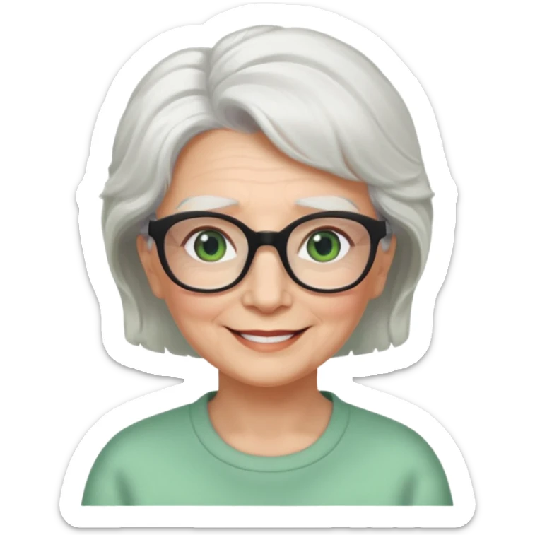 White hair grandma, green eyes, hair to shoulder, lokeg black glasses, rectangles face, smile , sticker