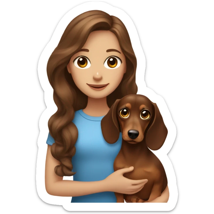 A girl with long wavy brown hair and blue eyes holds a small brown dachshund  sticker