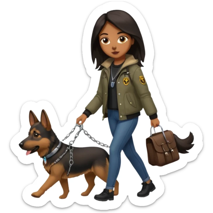 a girl with a brown dark long hair, she's walking her dog is a german shepard sticker