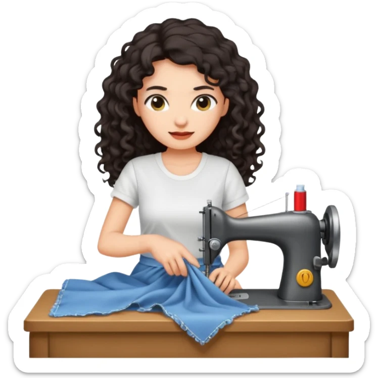 a woman with long curly dark hair sewing clothes wearing a white t shirt sticker