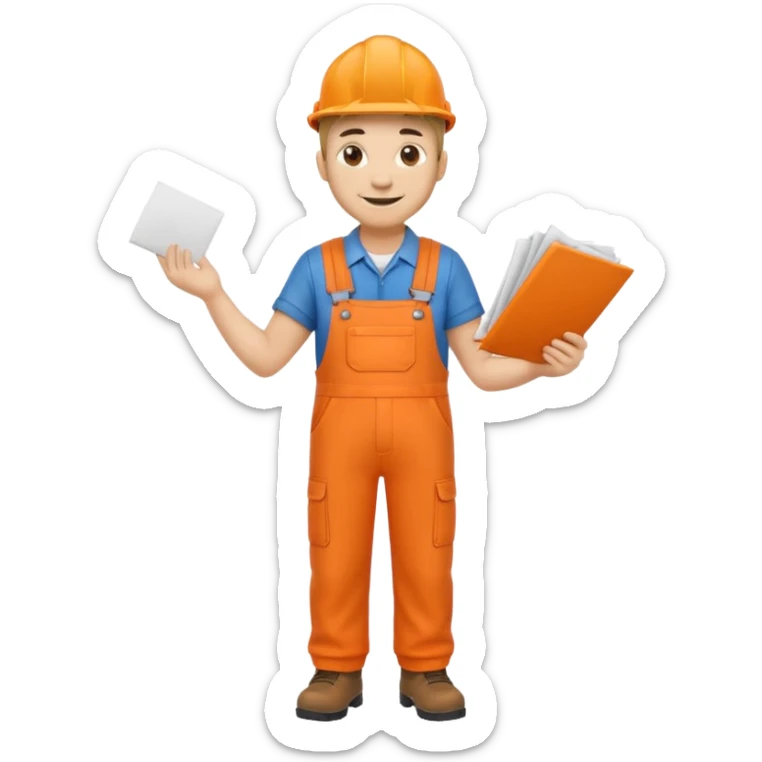 railway engineer full body in orange overalls, carrying one piece of paper with both hands in front of him sticker
