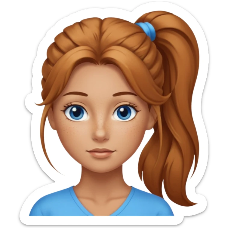 Attractive Woman with tan skin, blue eyes, wide face, freckles, and a long voluminous ponytail  sticker